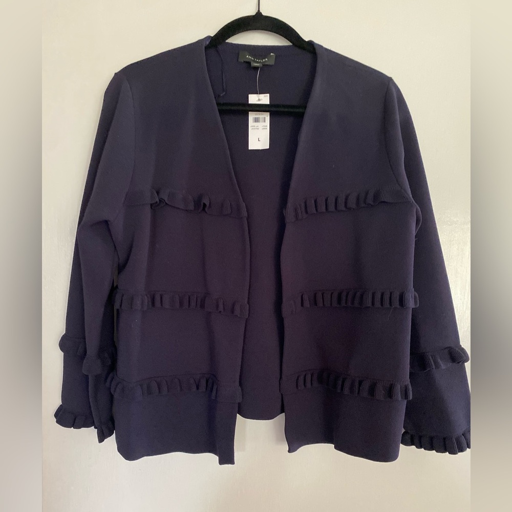 Ann Taylor Navy Ruffle Trim Open Cardigan